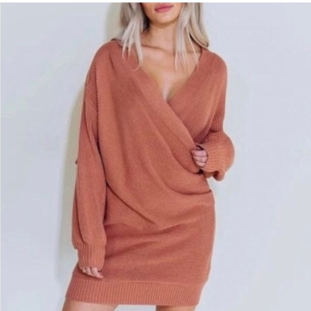 Kittenish Womens Brighton Faux Wrap Knit Ribbed Sweater Dress Medium Salmon Easy
